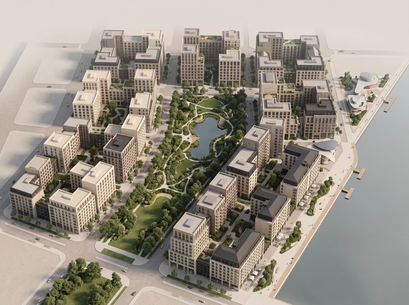 Aerial master plan of an urban waterfront district with central park