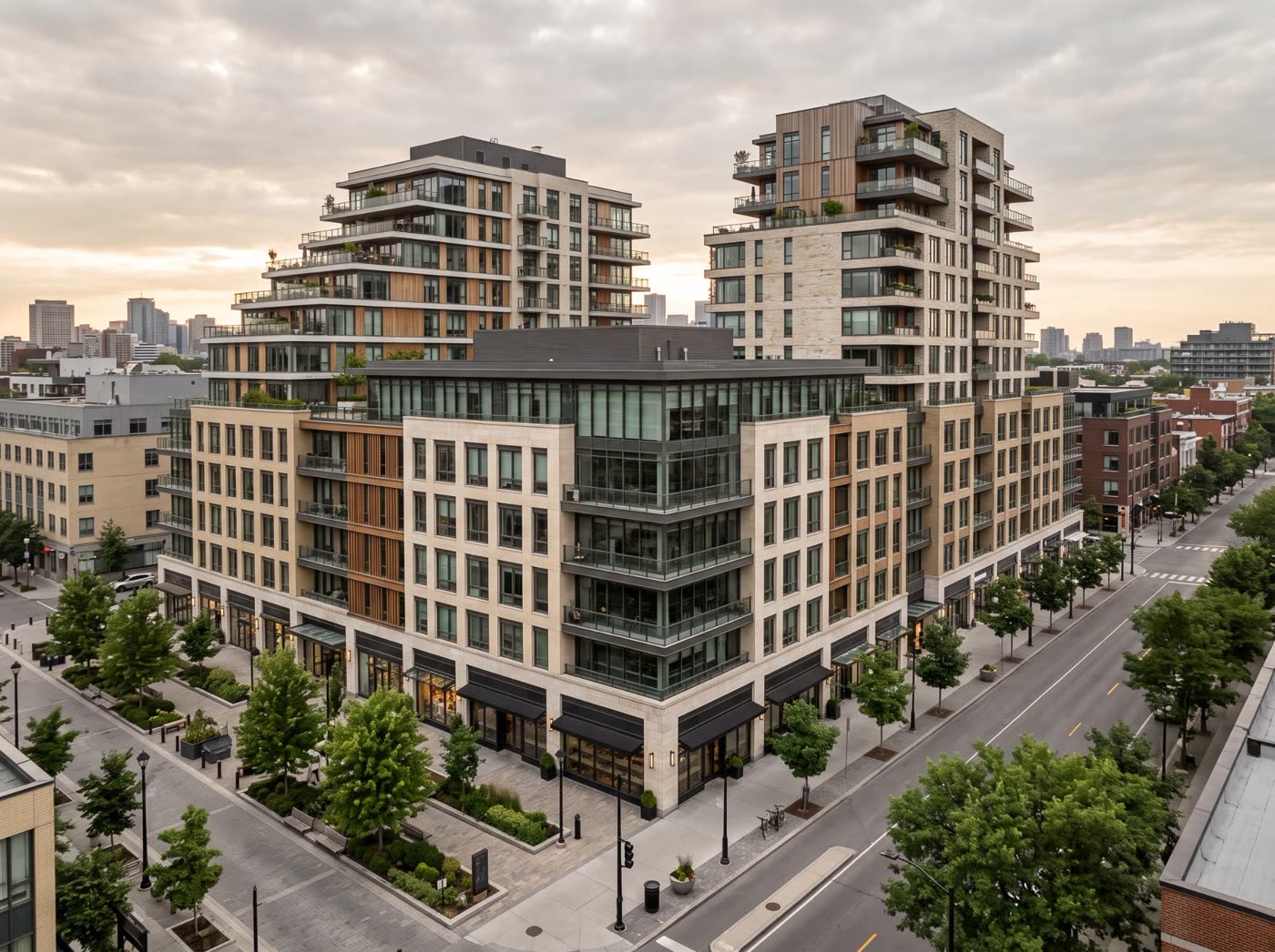 Mixed-use block with retail at street level and two residential towers above