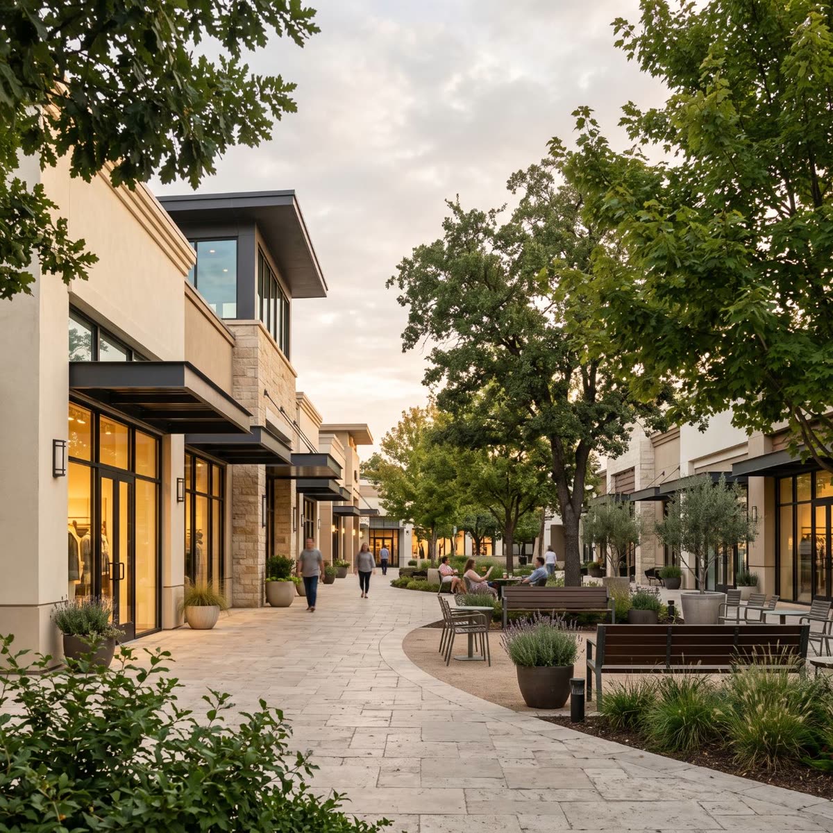 Open-air shopping plaza with storefronts, courtyard trees and outdoor seating