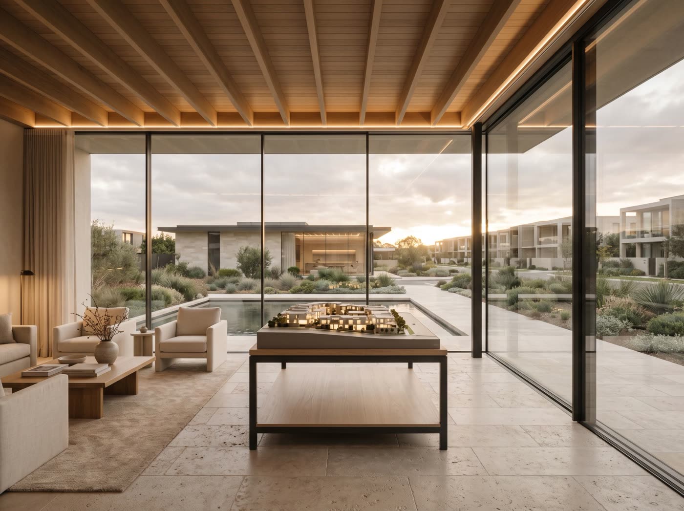 Real estate sales center with timber ceiling, glass walls and scale model
