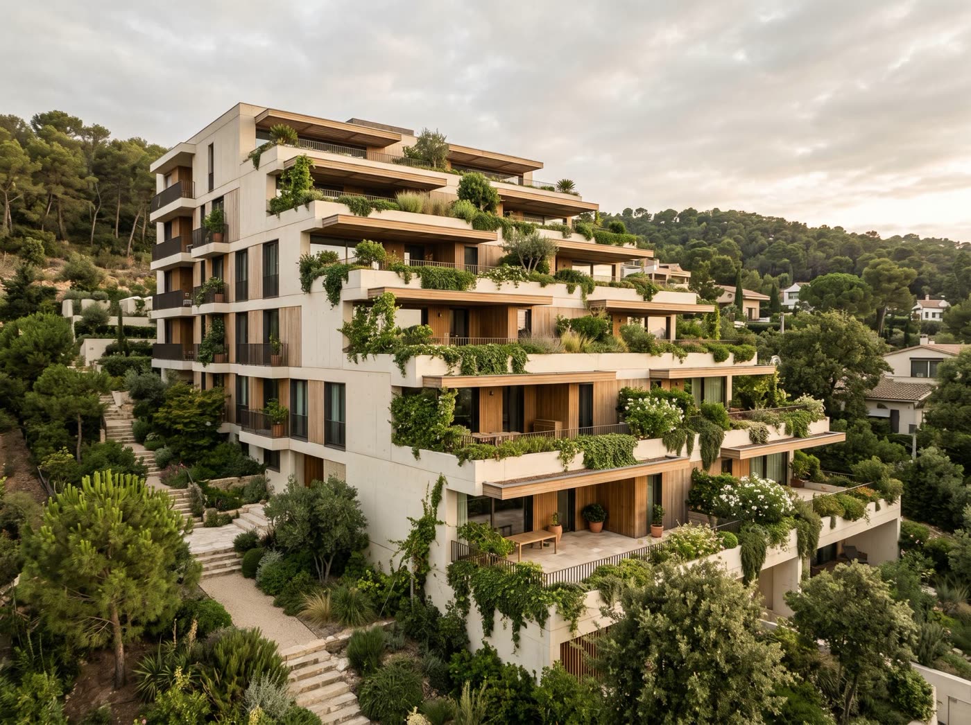 Terraced residential building stepping down a wooded hillside