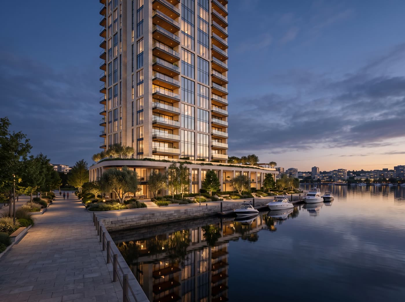 Slender waterfront residential tower at dusk with marina and promenade