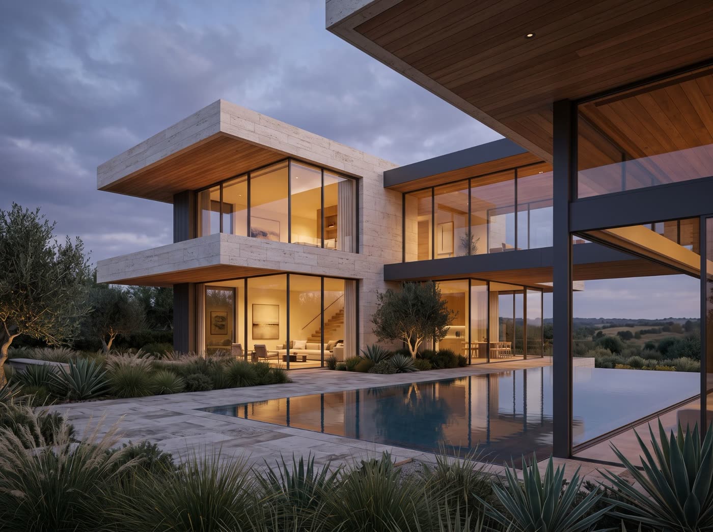 Modern luxury villa with infinity pool at twilight